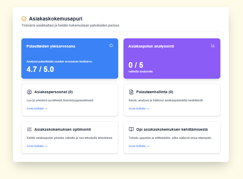 Kuva asiakaskokemuksen kehittämiseen tarkoitetusta työkalusta